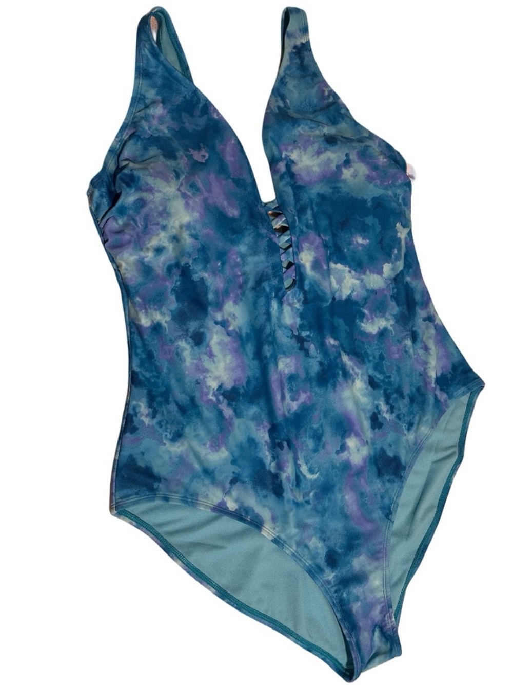 JC Penney’s Outdoor Oasis Aqua Beach Tie Dye Blue One-Piece Swimsuit XL NWT - Picture 3 of 15